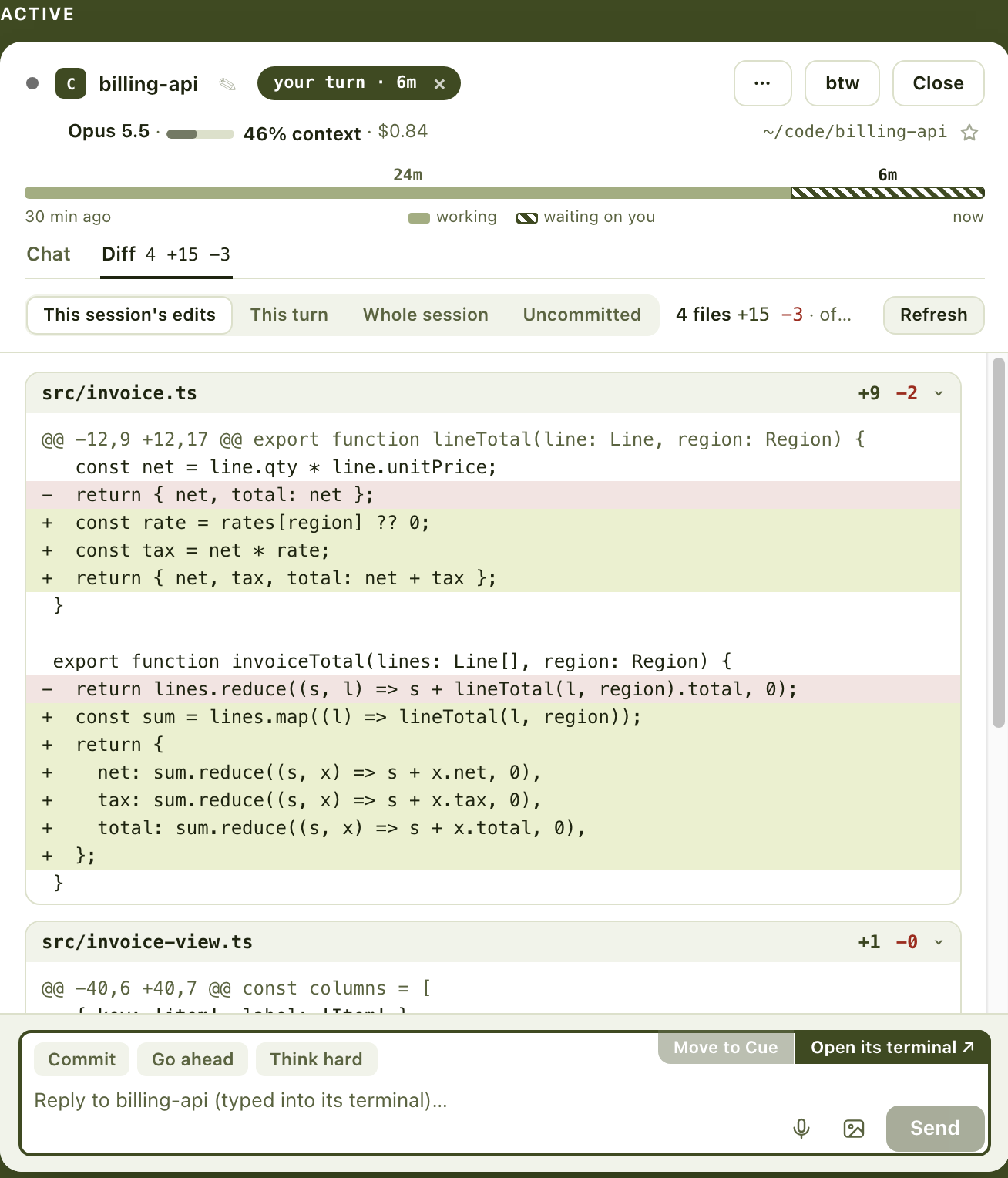 The Diff tab of a session: four files it edited, the first opened to its added and removed lines.