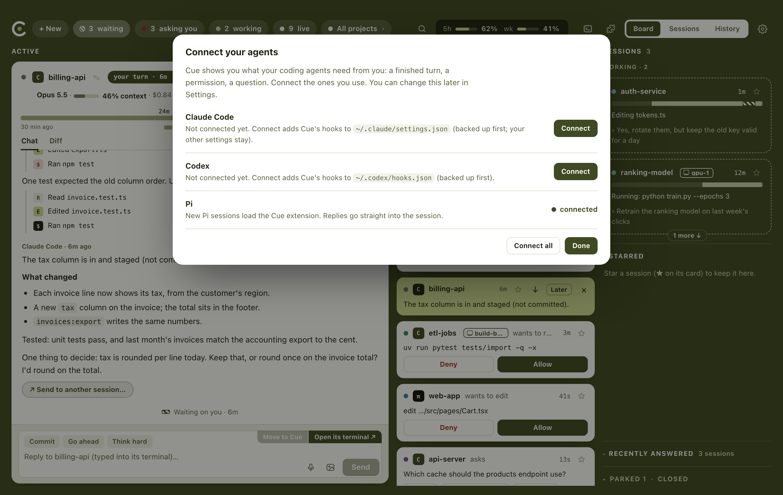 The first-launch screen: Claude Code and Codex with Connect buttons, Pi already connected.